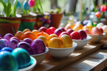 Preserving A Cherished Family Tradition: Vibrant Colors At The Easter Egg Dyeing Station - obrazy, fototapety, plakaty
