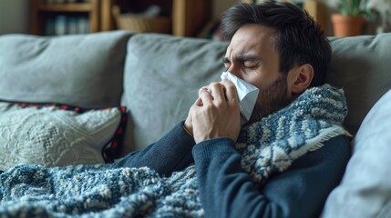 man who has a cold and is lying on the couch holding a paper tissue - obrazy, fototapety, plakaty