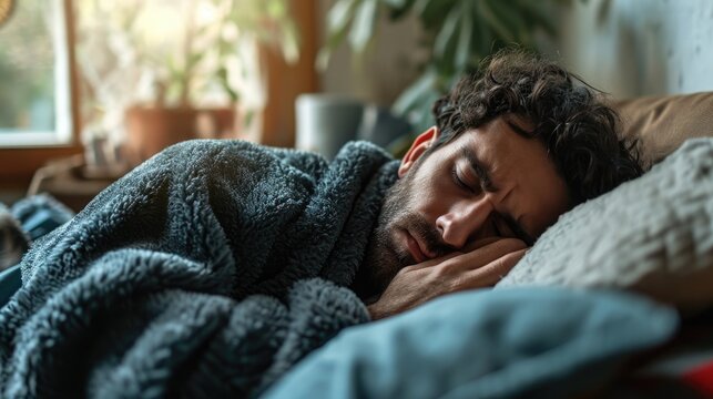man who has a cold and is lying on the couch 