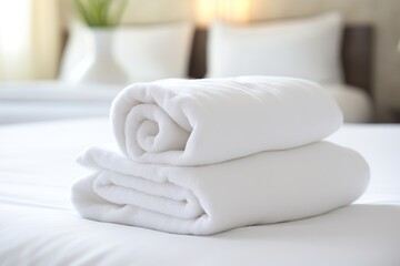 Fototapeta na wymiar White rolled towels on white bed