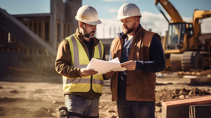 Two construction workers standing on a construction site, looking at the paper blueprint building plan or project, bulldozer machines or excavators earth mover doing the digging work in the background - obrazy, fototapety, plakaty