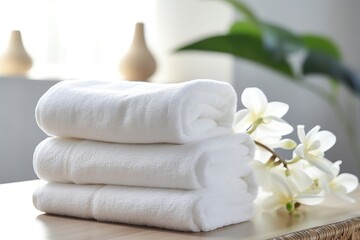 Fototapeta na wymiar Stack of white folded towels with flowers