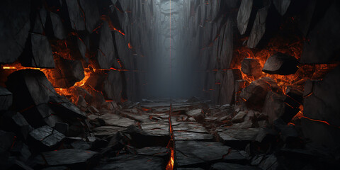 black charred tunnel with split stones with fiery cracks, desktop wallpaper, background