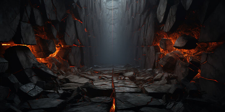 Fototapeta black charred tunnel with split stones with fiery cracks, desktop wallpaper, background