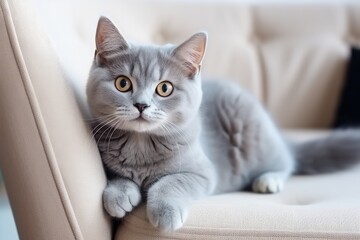 Cute Grey Cat Lying On Grey Armchair In The Living Room. Сoncept Cozy Cat Nap, Feline Relaxation, Living Room Cuddles