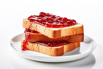 Toasted bread with sweet jam on white background