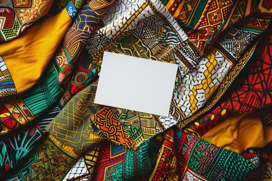 Fabric with African patterns and colors, white card with space to write, digital illustration. Generative AI
