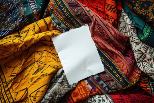 Fabric with African patterns and colors, white card with space to write, digital illustration. Generative AI