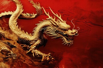 Golden Chinese dragon on red background, Chinese New Year 2024. Generative AI