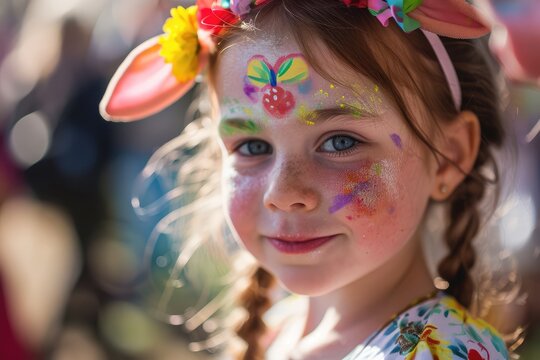 Easterthemed Face Painting, Children Adorned With Bunny Cheeks And Colorful Designs