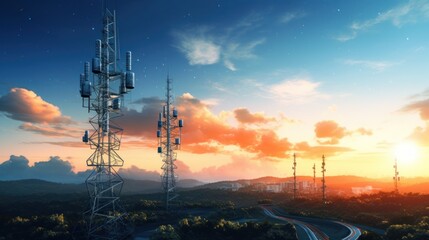 5G base station and satellite radar network communication sunset sky background - obrazy, fototapety, plakaty