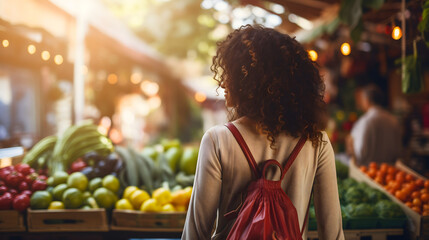 Rearview photo of a smiling young girl with curly hair shopping or buying fresh organic and healthy vegetables, vegetarian diet groceries, standing on a local city marketplace, wearing a backpack