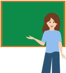 Young smiling brunette woman standing in front of a green chalkboard with space for text. Teacher in classroom concept.