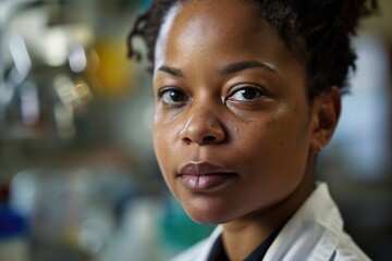 In the cutting-edge laboratory, the accomplished afro-American woman scientist passionately explores the realms of science and medicine, embodying expertise and innovation. - obrazy, fototapety, plakaty