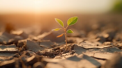 One seedling is dying in dry soil. Concepts of drought, cracked soil, global warming, water shortages lack of fresh water resources