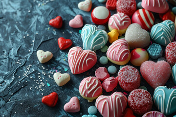 A top-down view of a festive carnival featuring heart-shaped candies." top view