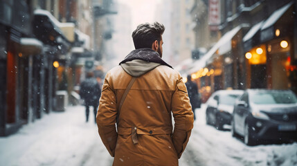 Rearview photo of a man walking on a snowy city street in winter, wearing a yellow jacket. Pretty...