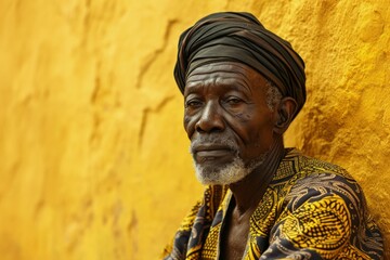 Old African black man with turban, golden wall in the background, Black History Month concept. Generative AI - obrazy, fototapety, plakaty