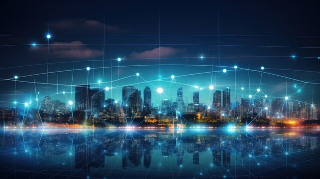 Smart city banner dotted lines connected with gradient lines, metaverse technology connection concept. City background at night with big data