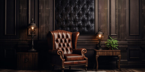 masculine brutal interior in dark colors with brown leather furniture