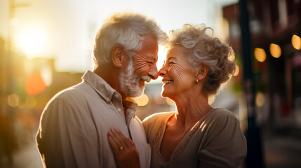 Man and woman smile at each other as the sun shines in the background.
