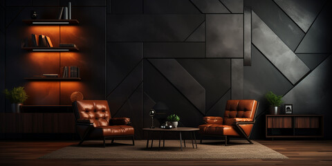 masculine brutal interior in dark colors with brown leather furniture - obrazy, fototapety, plakaty