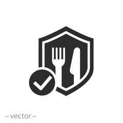 shield with fork and knife icon, food safety, ecological pure product, flat symbol - vector illustration - obrazy, fototapety, plakaty