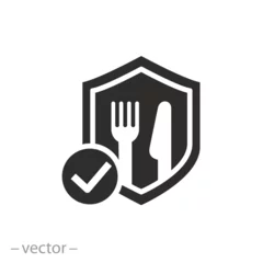 Foto op Canvas shield with fork and knife icon, food safety, ecological pure product, flat symbol - vector illustration © Yurii