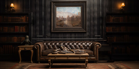 masculine brutal interior in dark colors with brown leather furniture