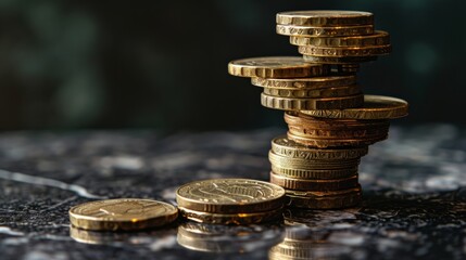 Stack of coins on a dark background. Money balance