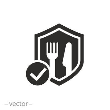 shield with fork and knife icon, food safety, ecological pure product, flat symbol - vector illustration