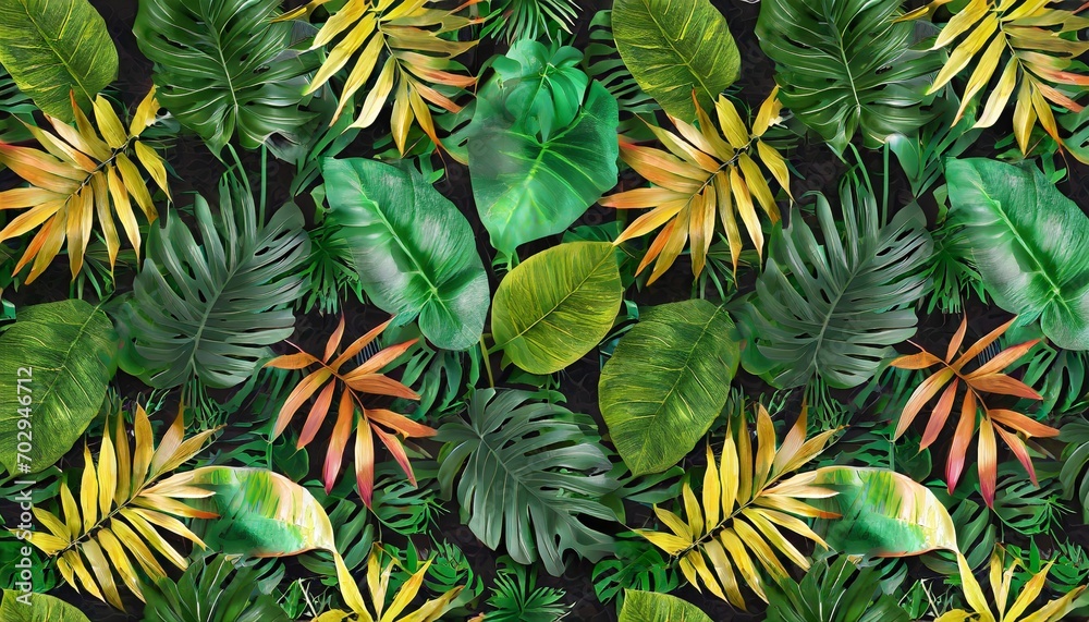 Wall mural multicolor background texture green fresh leaves jungle hawaii tropical seamless pattern hand drawn 