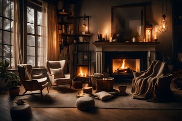 A cozy living room with a fireplace and chairs, the fireplace is lit by candles and the chairs are covered in blankets. 