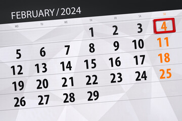 Calendar 2024, deadline, day, month, page, organizer, date, February, sunday, number 4