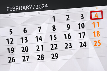 Fototapeta premium Calendar 2024, deadline, day, month, page, organizer, date, February, sunday, number 4
