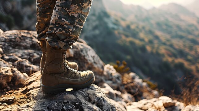 A soldier in camouflage and military boots climbs a mountain. Space for text. Shallow depth of field.