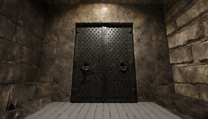 armored heavy metal door in old underground bunker room 3d rendering
