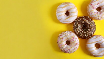 flat lay donuts on a yellow background with copy space top view