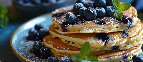 Blueberry protein pancakes with curd. - obrazy, fototapety, plakaty