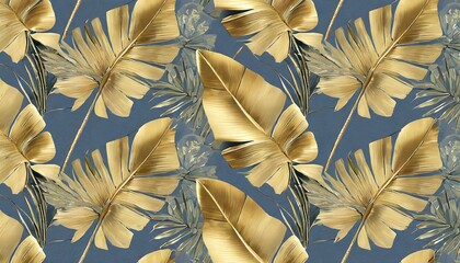 golden seamless pattern with shiny banana leaves palm tropical exotic vintage hand drawn 3d illustration premium bright background art design luxury wallpapers mural clothes fabric printing