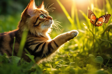 Curious Cat Observing a Butterfly in Sunlit Garden