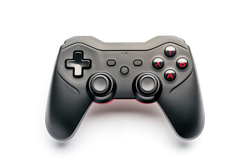 Modern Black Game Controller with Red Buttons Isolated