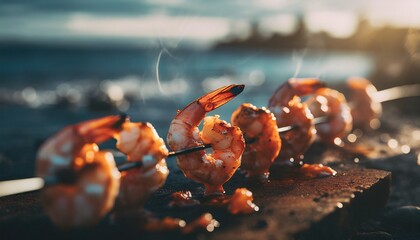 Grilled Shrimps on a Skewer Close-up Shot - obrazy, fototapety, plakaty