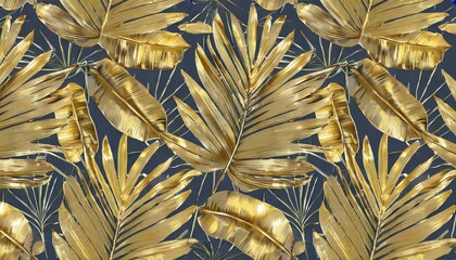 golden seamless pattern with shiny banana leaves palm tropical exotic vintage hand drawn 3d illustration premium bright background art design luxury wallpapers mural clothes fabric printing