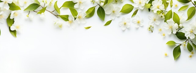 springtime and summer leaves on white background with copy space