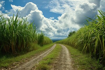 Landscape with sugarcane plantation, agriculture and agronomy concept. Generative AI - obrazy, fototapety, plakaty