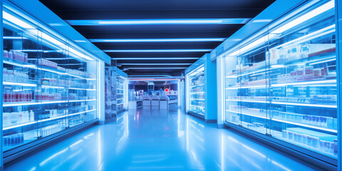 Fototapeta premium Modern Pharmacy Interior with Illuminated Shelves