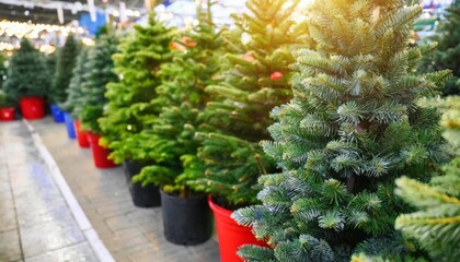 Fototapeta premium vibrant green fir trees for sale at christmas tree lot