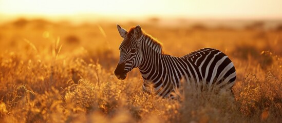 Fototapeta na wymiar Landscape with zebra in the African savannah and sunset in the background. Generative AI