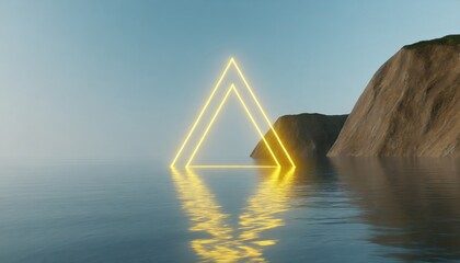 3d render seascape with cliffs water reflections and yellow neon triangle sacred geometry concept...